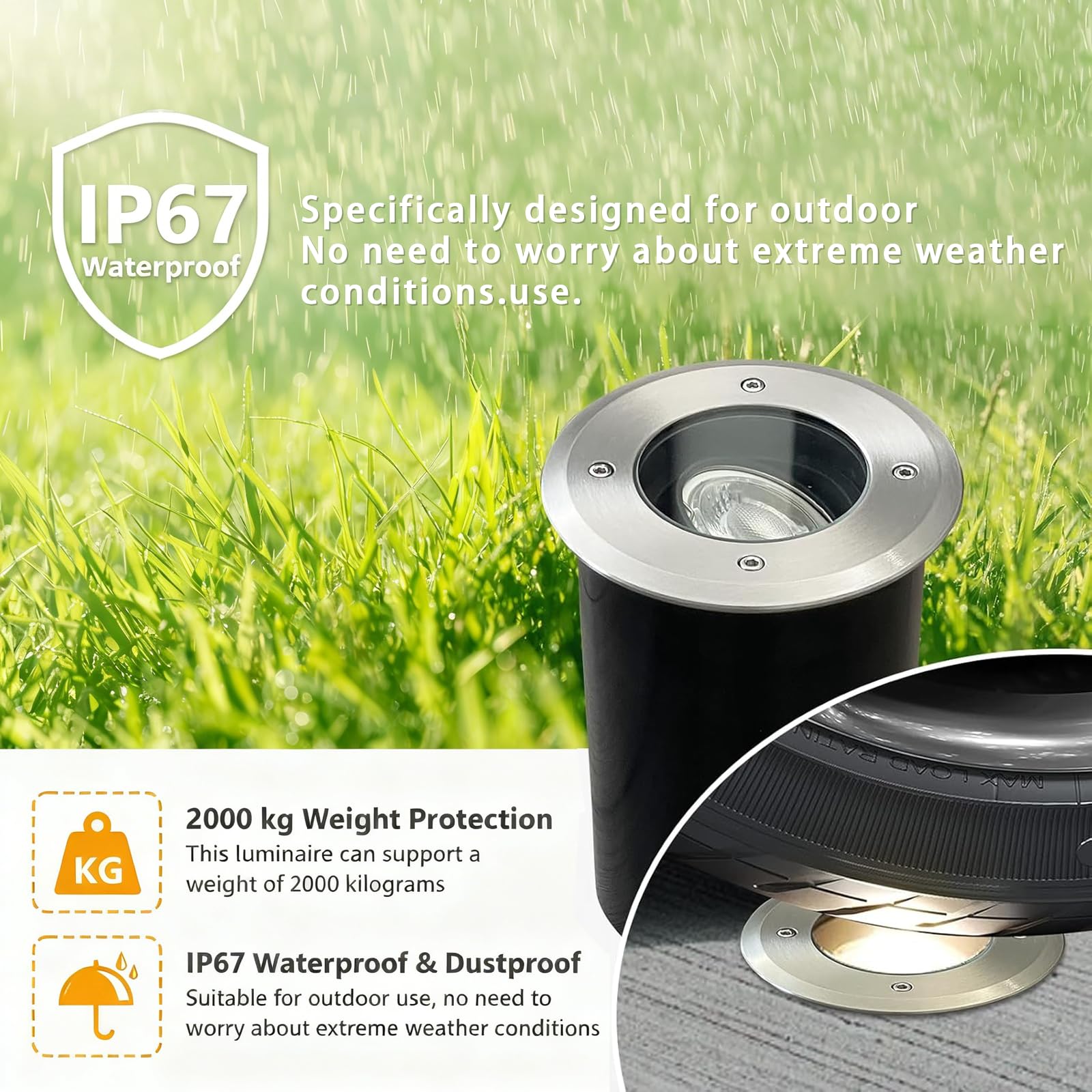 JNR Edelstahl Bodenstrahler Außen Schwenkbar GU10 IP67 Wasserdicht mit LED 5W 3000K Warmweiß Glühbirne, Bodeneinbaustrahler Aussen 230V Bodenleuchten Außen (4-Silber)