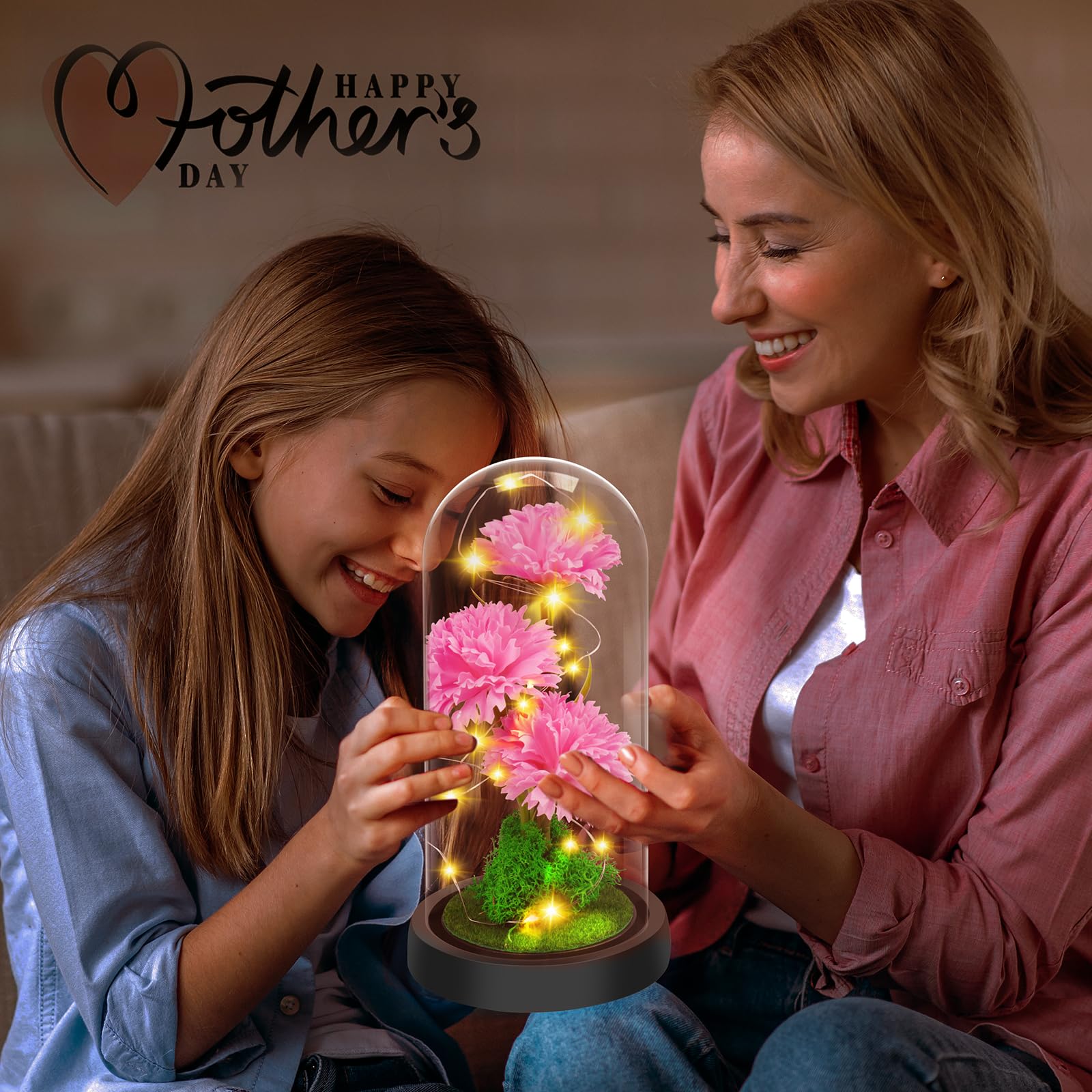 Touloube Regalo di San Valentino Fiori di Garofano per Donna, Fiore di Garofano in Cupola di Vetro, Regalo Anniversario, Compleanno,Guarigione, Fiore Artificiale Regalo per Donne Mamma Moglie