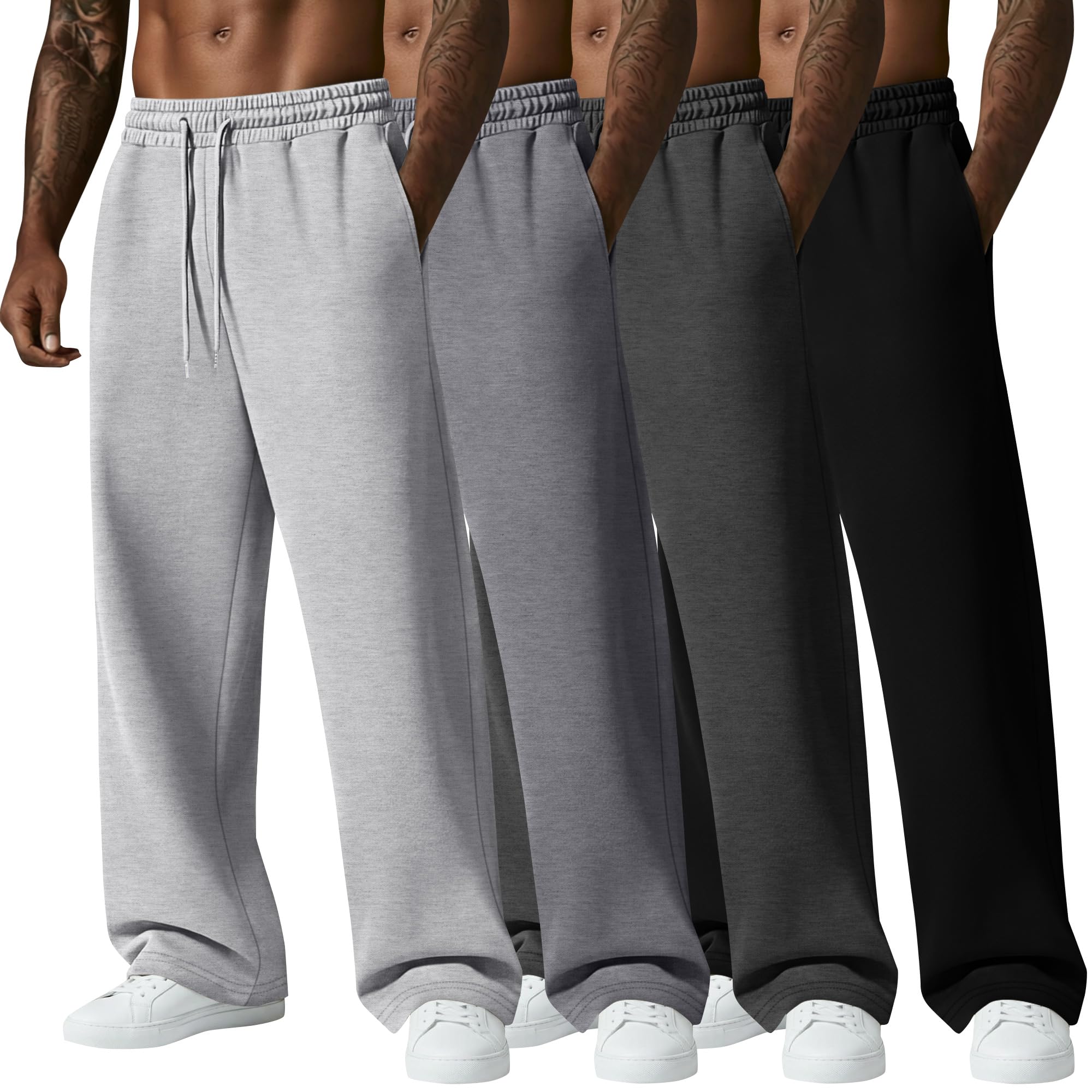 4 Pack Mens Big and Tall Sweatpant Thin Athletic Workout Jogger Open Bottom Baggy Drawstring Pants with Pockets