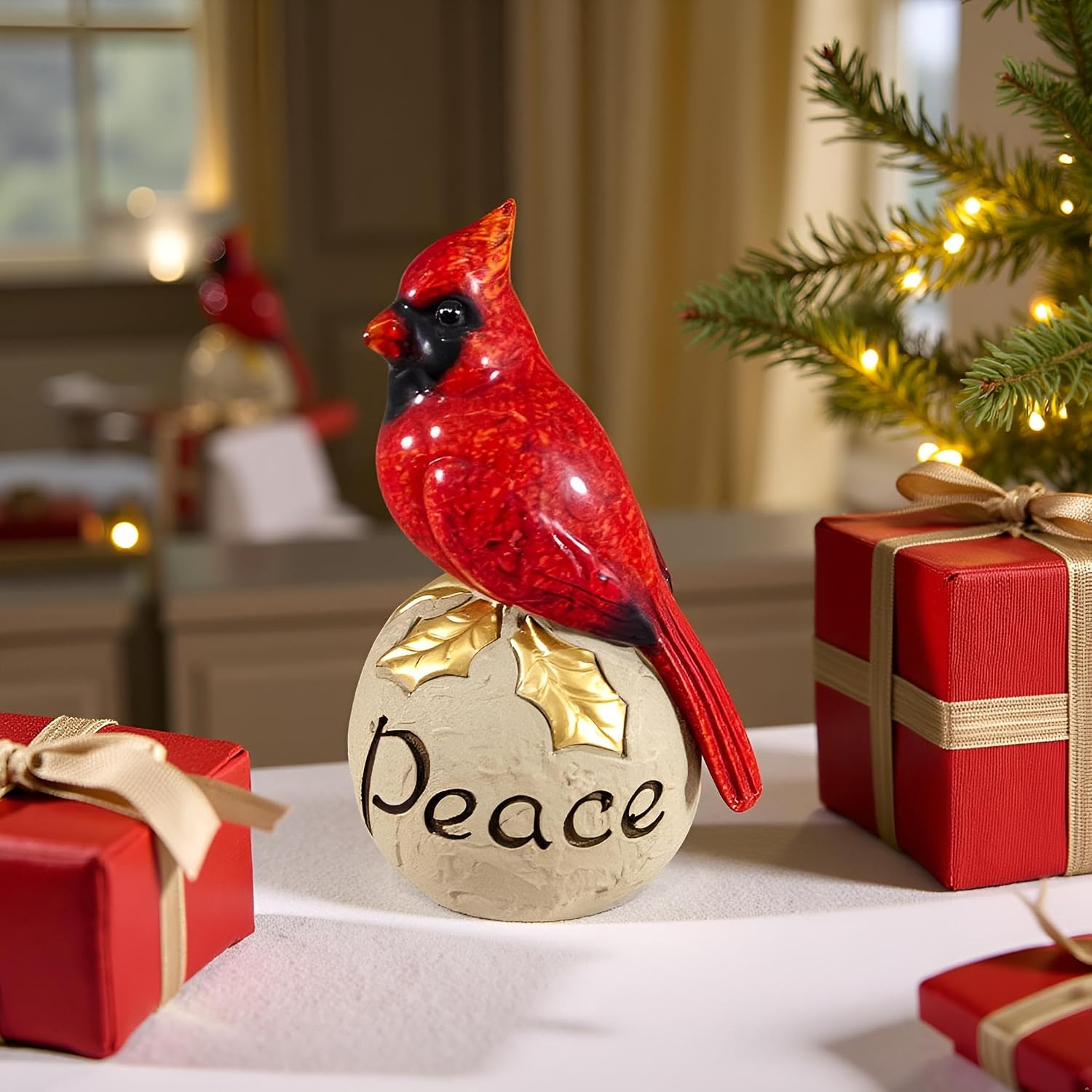 Comfy Hour 6" Red Cardinal on Peace Stone Pedestal, Decorative Christmas Bird Figurine for Mantel and Shelf, Artisan Crafted Winter Holiday Ornament, Polyresin Tabletop Accent, 1 Piece