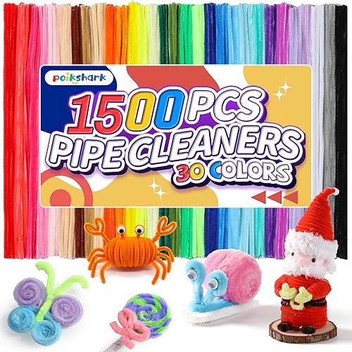 POIKSHARK 1500 PCS 30 Colors Quality Pipe Cleaners Bulk, Thick Pipe Cleaners Craft for DIY Craft Projects, Multicolored Limpia Pipas for Art Supplies & Materials, Rainbow Chenille Stems(12inch*6mm)
