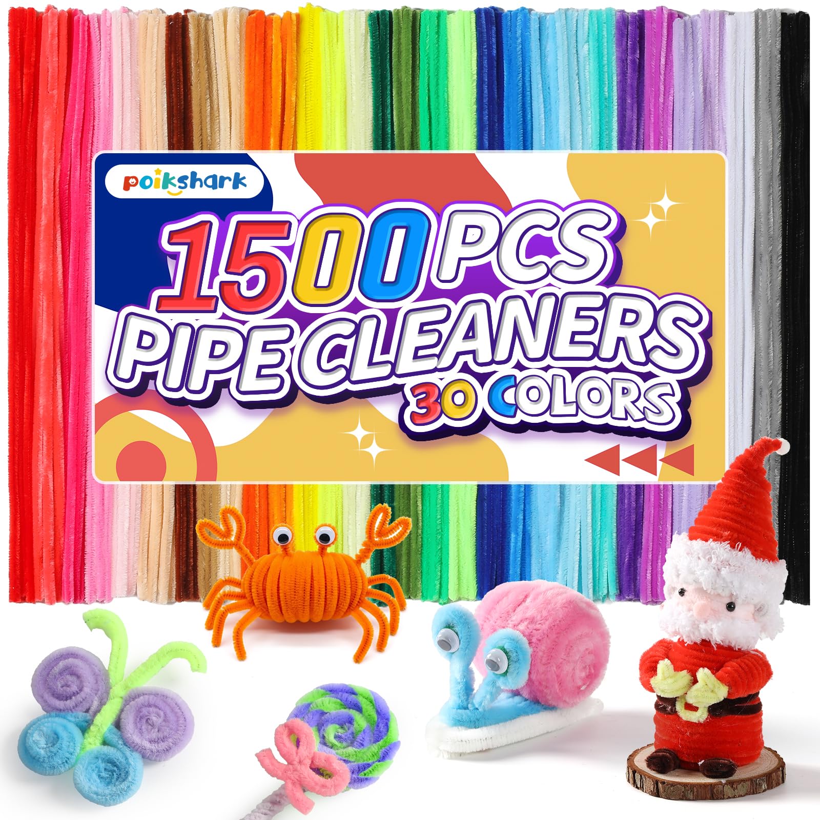 POIKSHARK 1500피스 30가지 색상 고품질 파이프 클리너 벌크, DIY 공예 프로젝트를 위한 두꺼운 파이프 클리너 공예, 미술 용품 및 재료를 위한 다양한 색상의 림피아 피파, 무지개 셔닐 스템(30.5cm x 6mm)