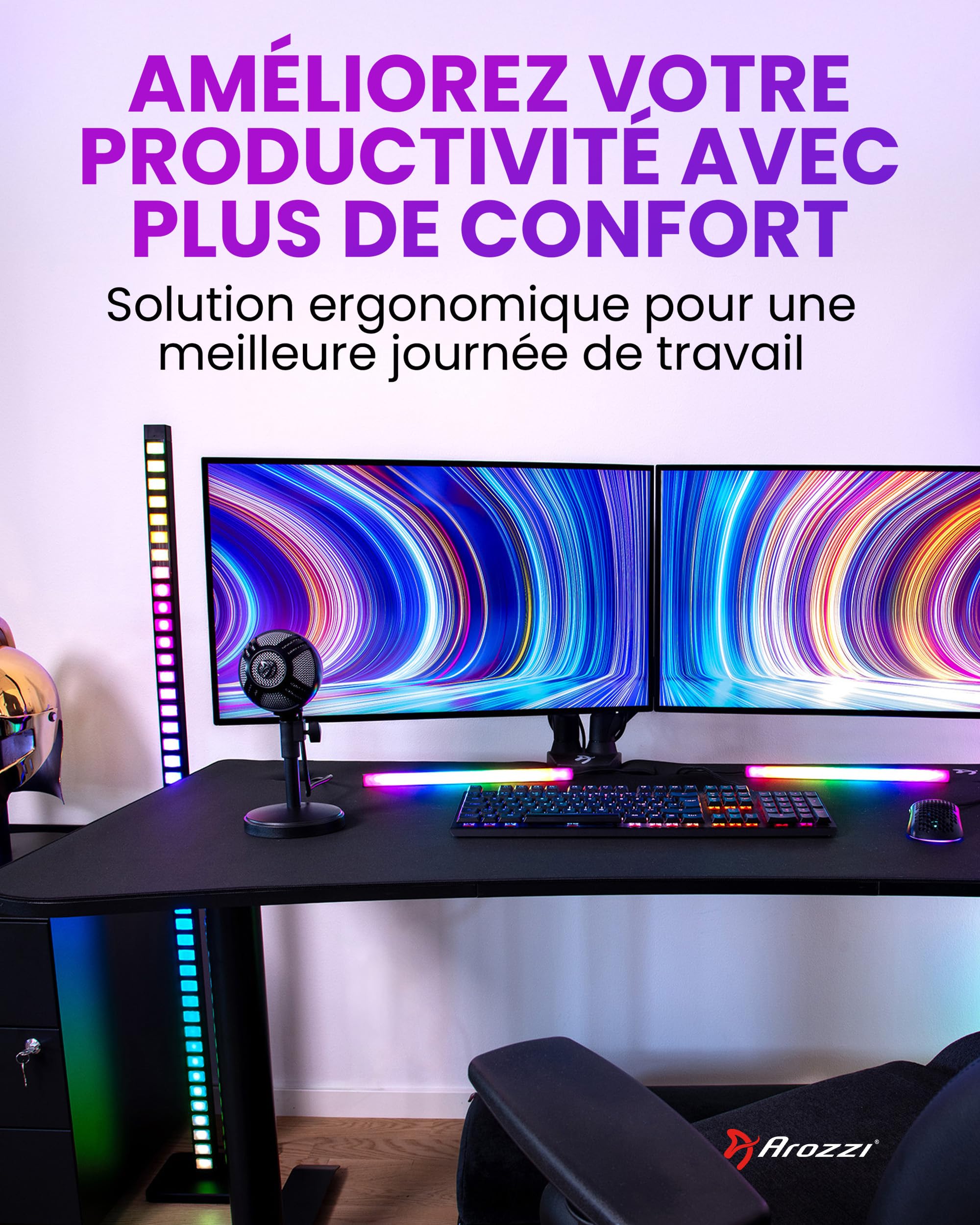 Bureau Gamer Arozzi Arena Medium - 140x76 cm - Bureau Gaming avec Cadre Acier, Rangement pour Câbles et Support Double Écran - Tapis de Souris Lavable Intégral - Noir Intense
