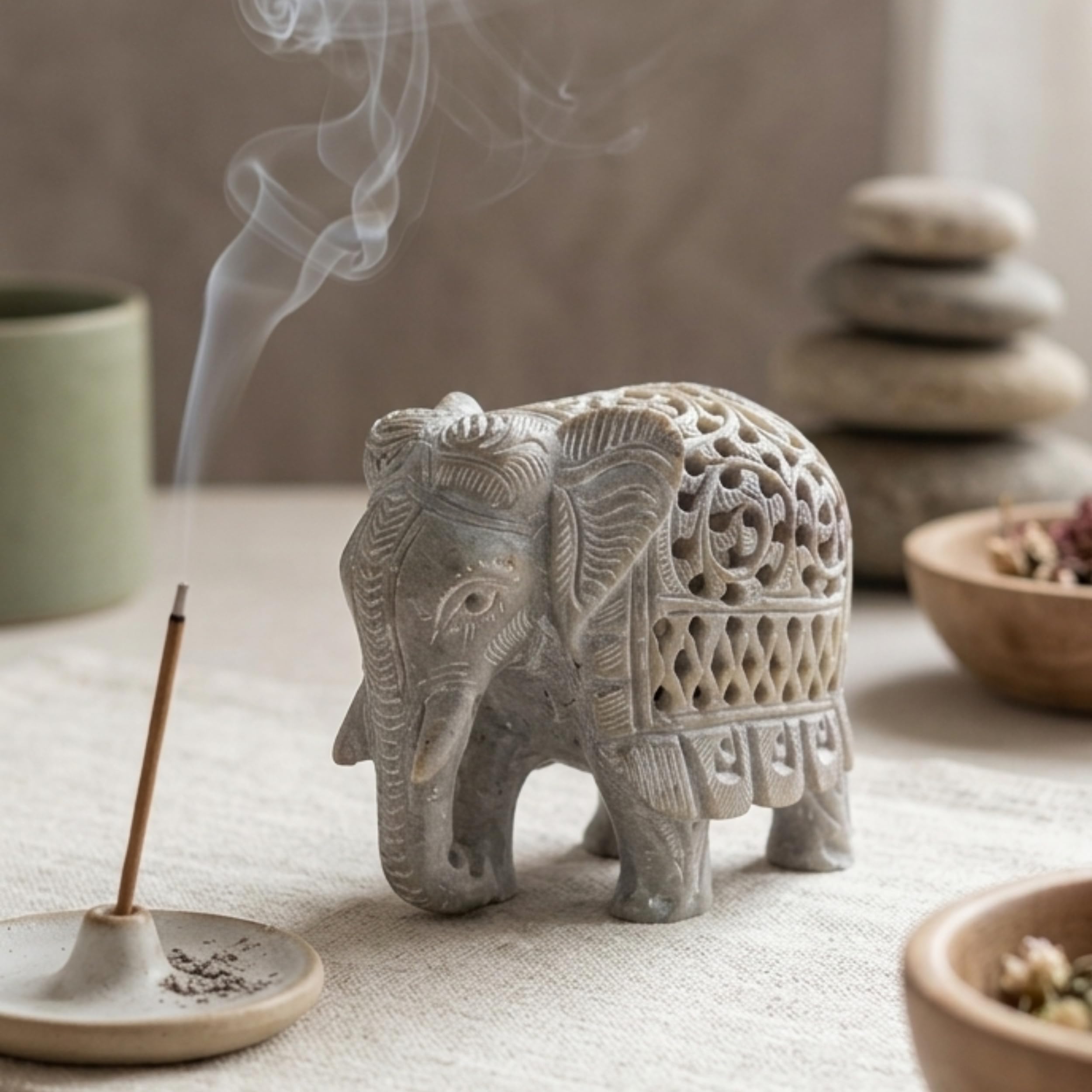 RAJA Hand CraftedSTONE 'N STRING 象置物 宝飾品 Buy Handcrafted Single Stone Soapstone Elephant Showpiece with