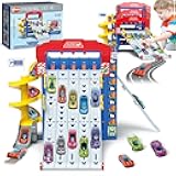 VATOS Sliding Track Truck Car, Parking Toy Storage Track Car Toy with 10 Cars for Boys Ages 3 4 5 6 7 8, Birthday School Year Gift Car Set for Boys Girls Toddlers 3-5