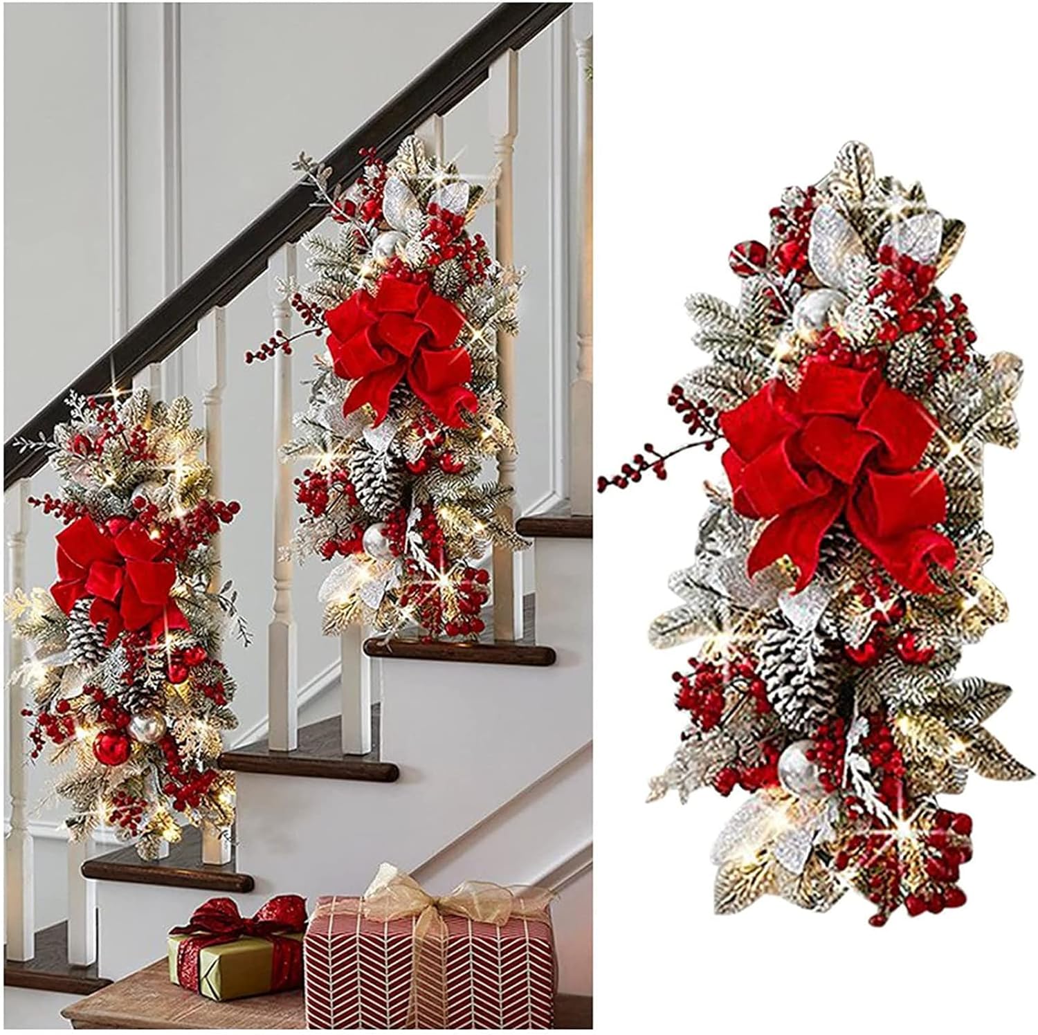 2 Pcs 2023 Cordless Prelit Stairway Christmas Swag Christmas Staircase Decorations Artificial Stairs Christmas Garland with Lights Rustic Christmas Swag for Front Door Wall Window Stair Home Decor,A r