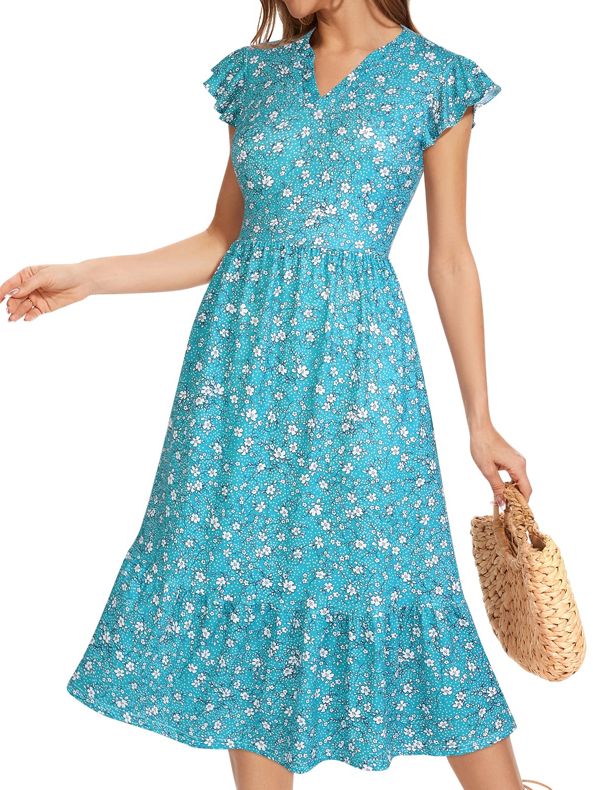 YIOYOLA Midi Dresses for Women 2025 Casual with Pockets Ruffle Sleeve Notched Neck A Line Tiered Boho Beach Summer Sundresses