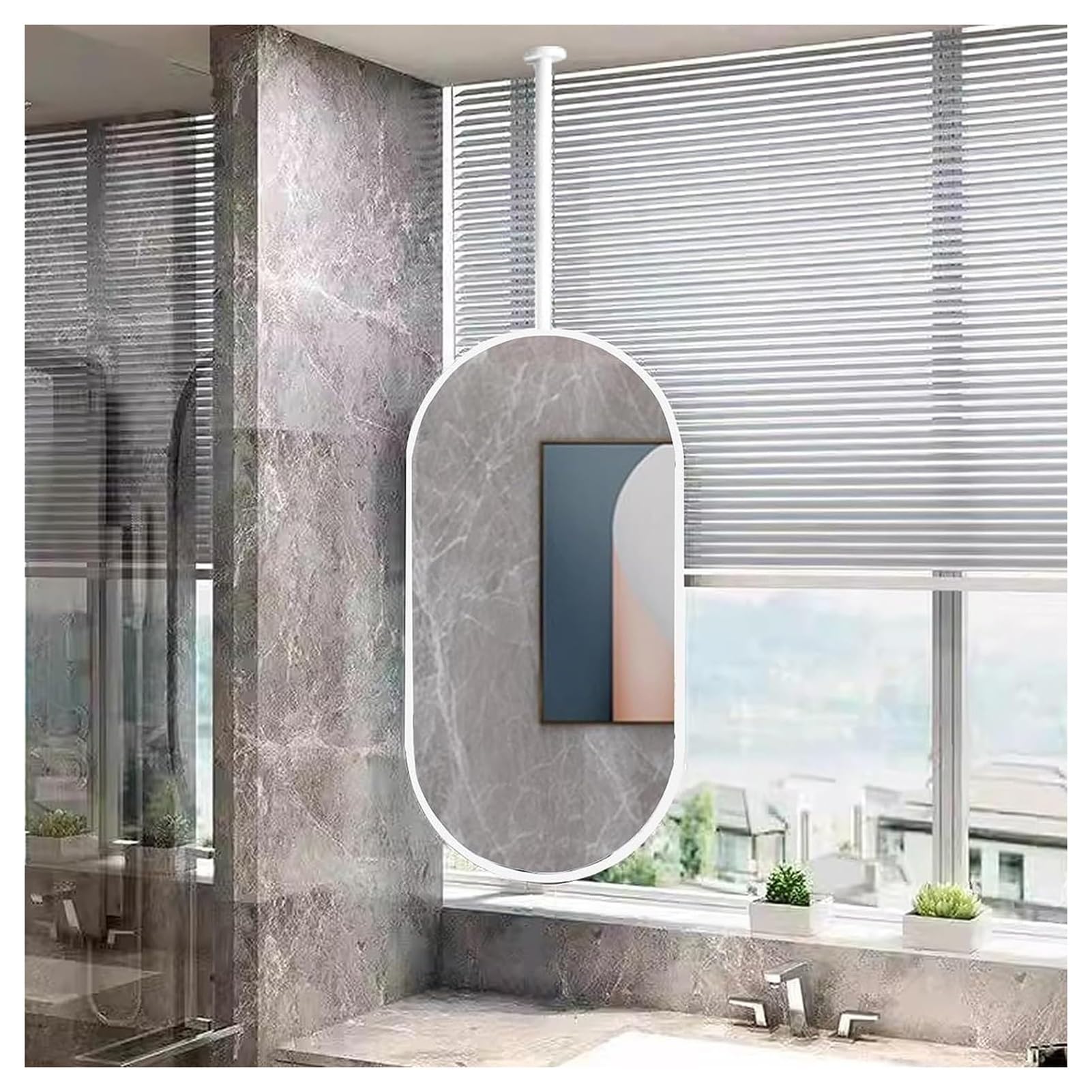 CGCSYZ Oval Hanging Rod Mirror With White Metal Frame And Hanging Rod, Bathroom Floating Large Decorative Mirror Vanity Shaving Makeup Mirror (One Color 40cmx60cm)