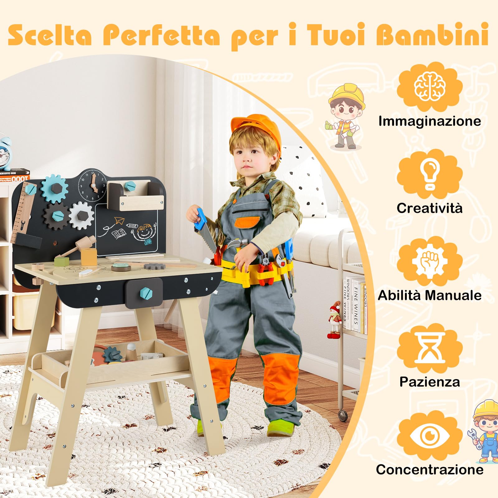 COSTWAY Banco da Lavoro in Legno per Bambini, Set Attrezzi Giocattolo con Martello, Cesello, Chiave Inglese, Ripiani e Ganci per Archivio, Tavolo da Lavoro Giocattolo Officina 3+ Anni