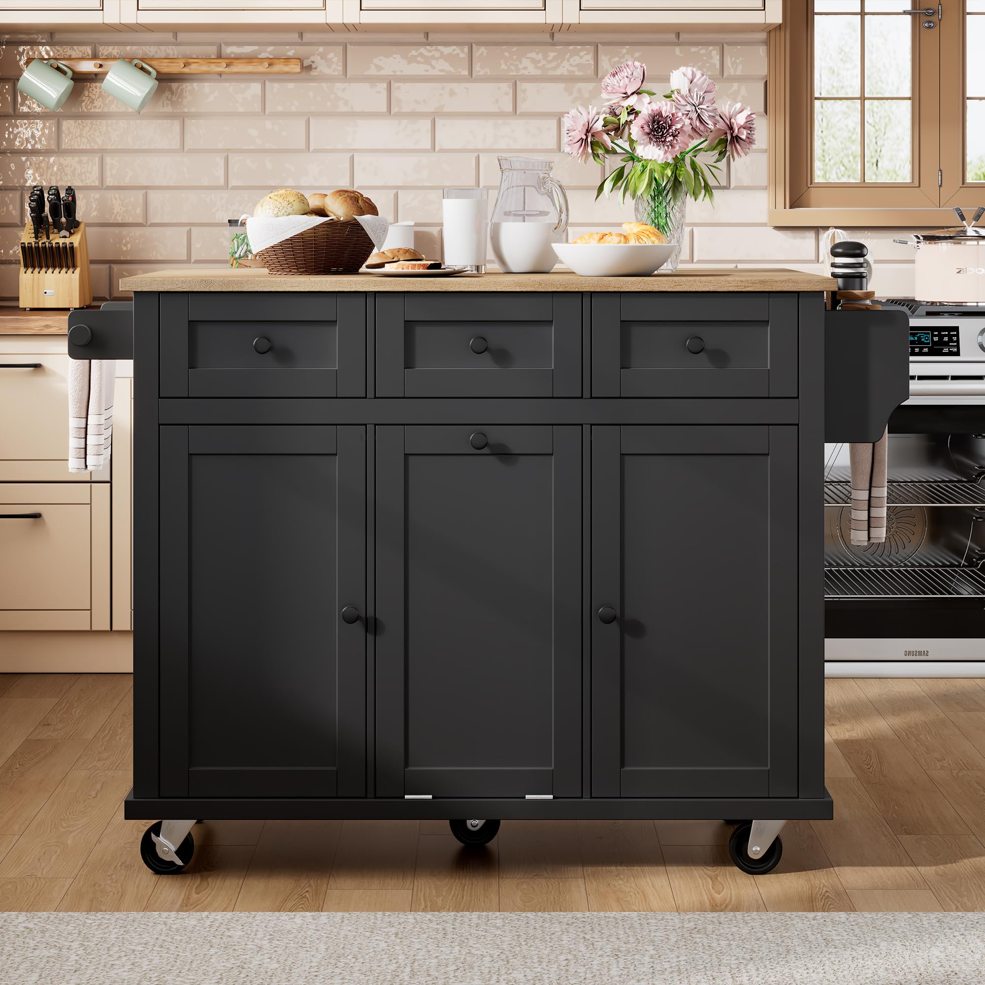 Desserte de Cuisine à roulettes Îlot Central avec Plan de Travail Pliable,2 Portes avec Rangement,3 Tiroirs,poubelle et Étagères Réglables pour Cuisine ou Salle à Manger (Noir-01B-2026, 131X46X93cm)