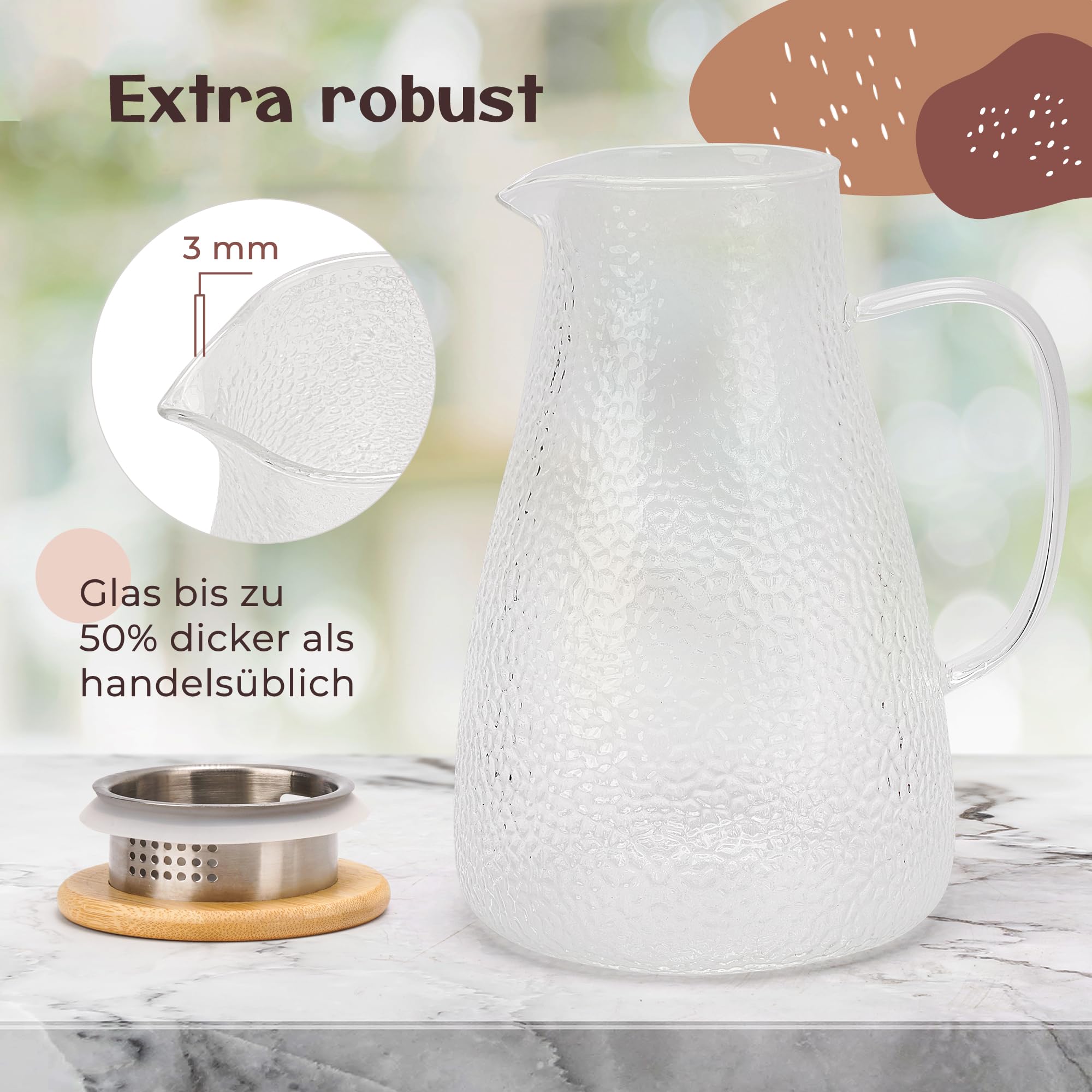 Caraffa in vetro con coperchio, 1,9 litri, in vetro rinforzato, caraffa in vetro per bevande calde e fredde, teiera, brocca per acqua con coperchio in bambù