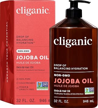 Cliganic Jojoba Oil Non-GMO | 100% Pure, Natural Cold Pressed Unrefined Hexane Free Oil for Hair & Face Bulk 32oz