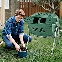 Vista 8 de Goplus Contenedor de compostaje giratorio, barril de compost de 43 galones con cámara doble, compostador de tambor con puerta corrediza, guantes