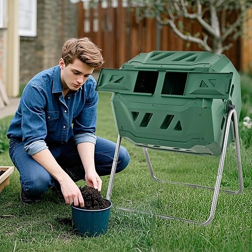 Miniatura 8 de Goplus Vaso de compost, barril giratorio de compostaje de 43 galones, compostador de doble cámara con puerta corredera, guantes, sistema de