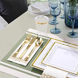 FOCUSLINE 350 Ct Disposable Dinnerware Set for 50 Guests -Heavy Duty Square Plastic Plates with Gold Rim, Includes 50 Dinner & Salad Plates, Cups, Napkins, Cutlery Set