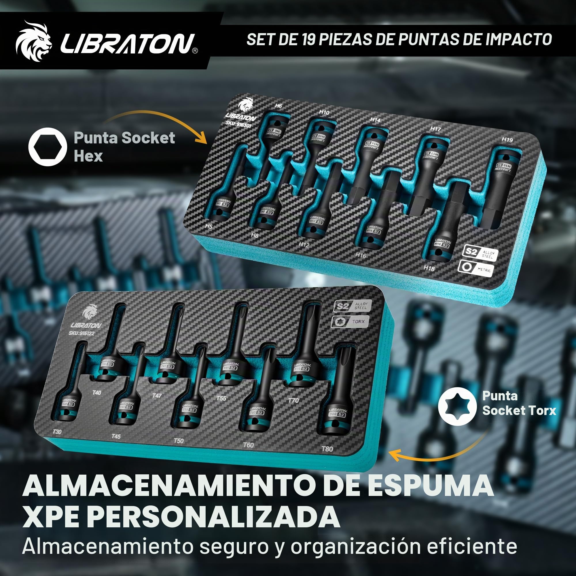 LIBRATON 19 Piezas Juego de Llaves de Vaso Hexagonales y Torx de Impacto 1/2", Acero S2 (H5-H19 + T30-T80), Para Llaves de Impacto, Reparación de Automóviles, Almacenamiento XPE