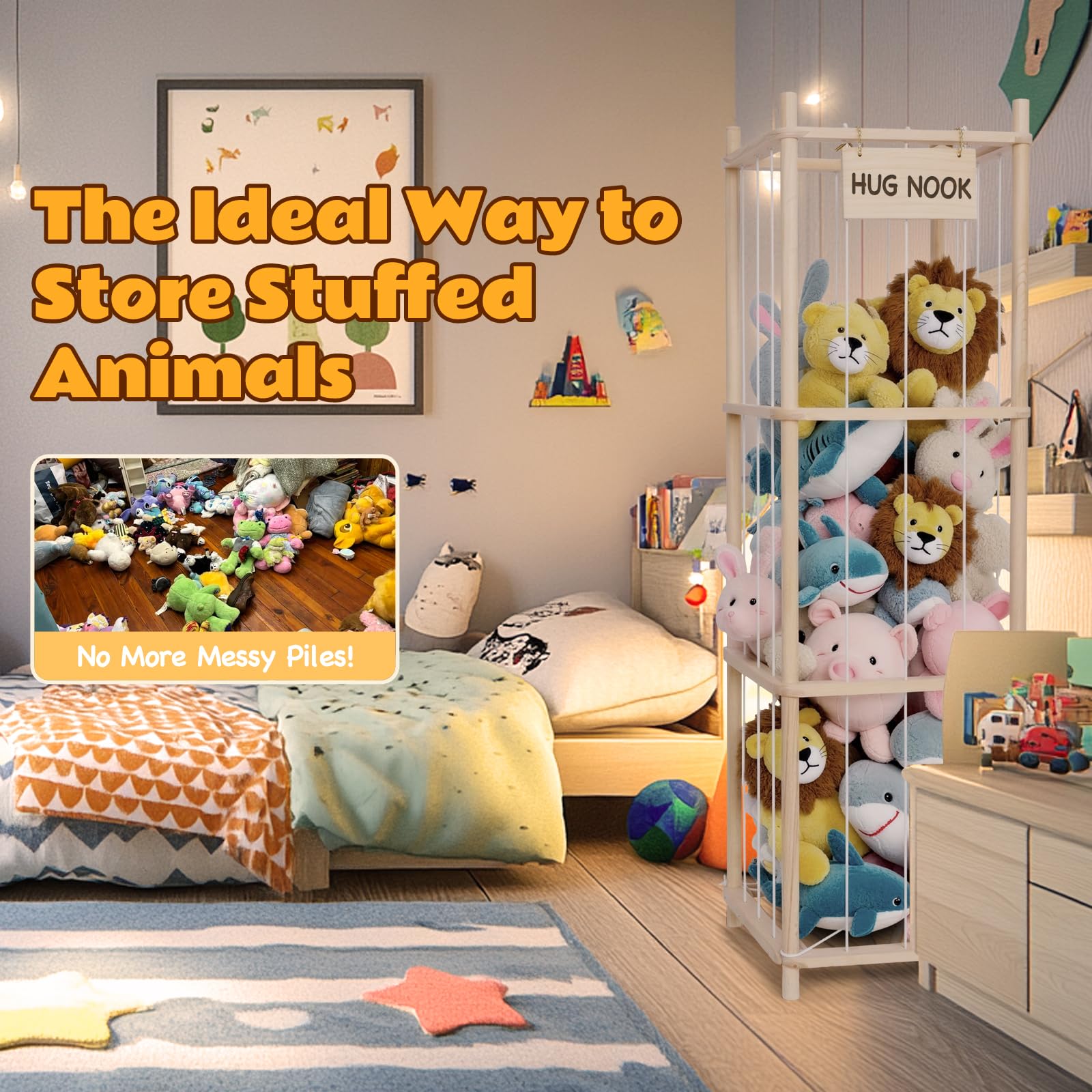 Rangement Peluche, Organisateur à Peluches en Bois, Organisateur de Rangement Gain de Place pour Jouets, Range Peluche pour Salle de Jeu, Chambre à Coucher, Décoration Intérieure