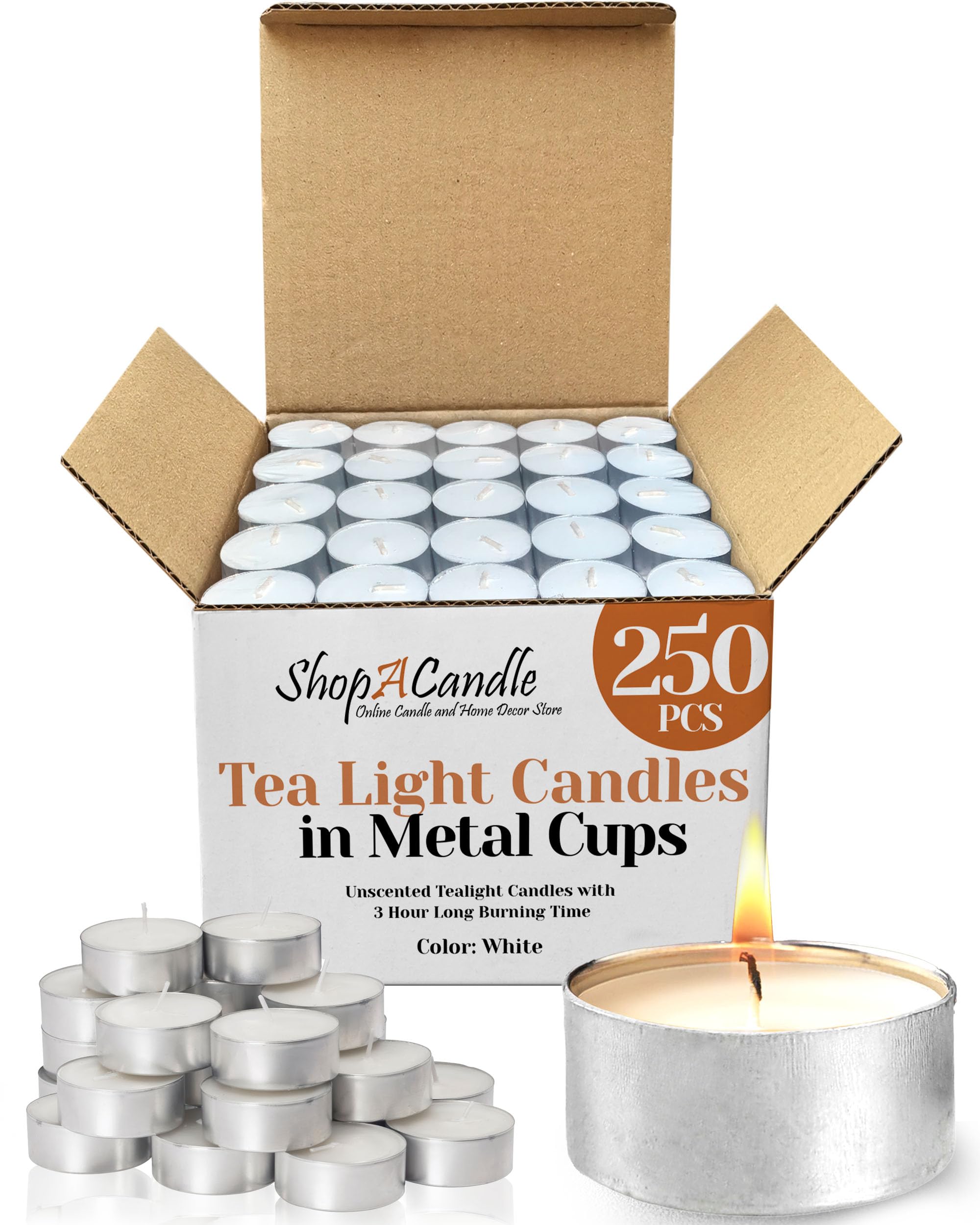 250 Pack Tealight Candles in Metal Cups - Clean, White Unscented Tealight with 3 Hour Long Burning Time - Votive Candles Bulk for Romantic Dinner, Weddings, Spa & Hotels
