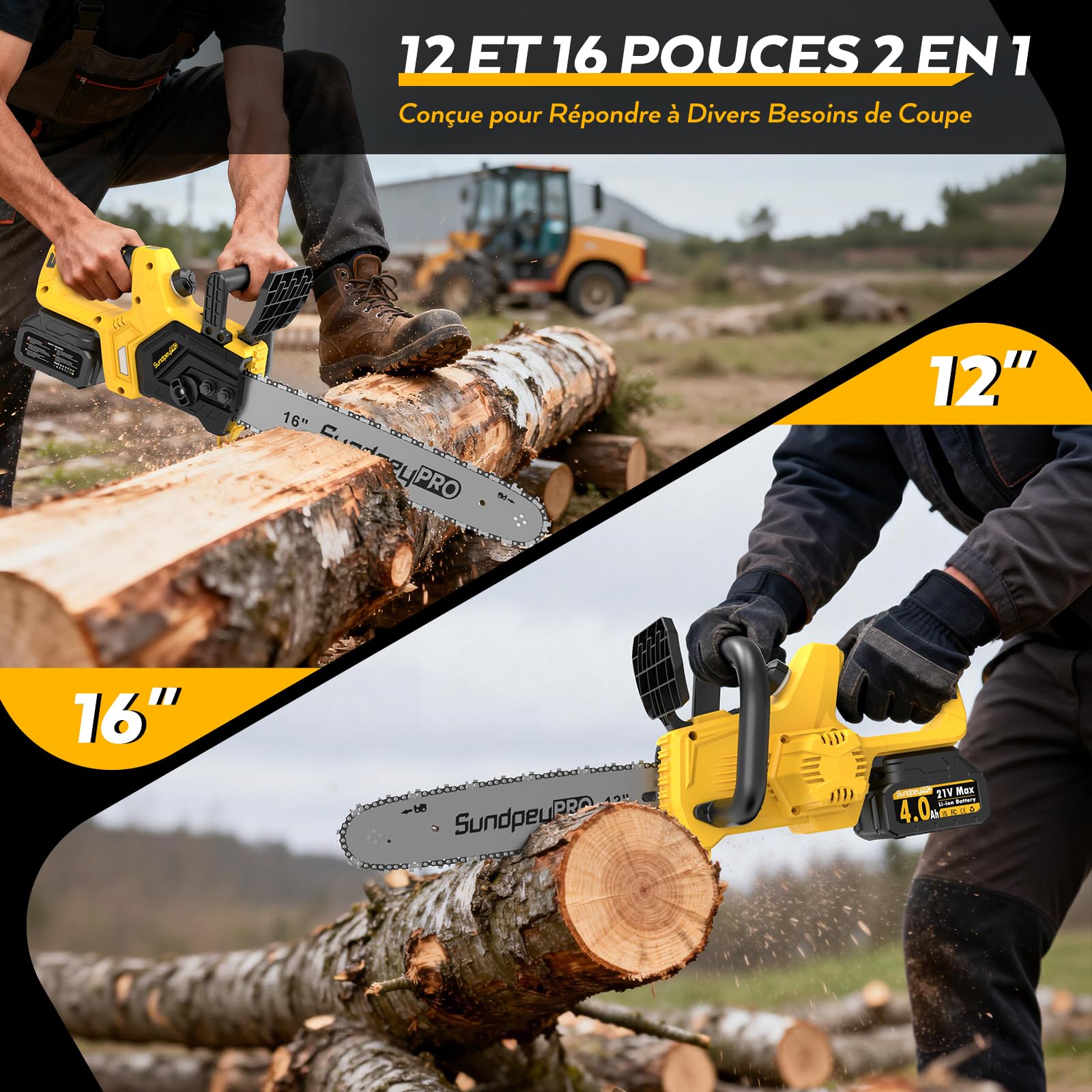 12+16 Pouces 21V Brushless Tronçonneuse Sans Fil à Batterie | 2x4.0Ah Batteries, Débit D’huile Réglable, Lubrification Automatique, Tensionneur Sans Outil, pour Élagage Abattage D'arbres