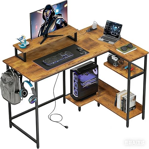 DEVAISE Escritorio para juegos en forma de L de 47 pulgadas con luces LED y tomas de corriente, escritorio de esquina para espacios pequeños, mesa