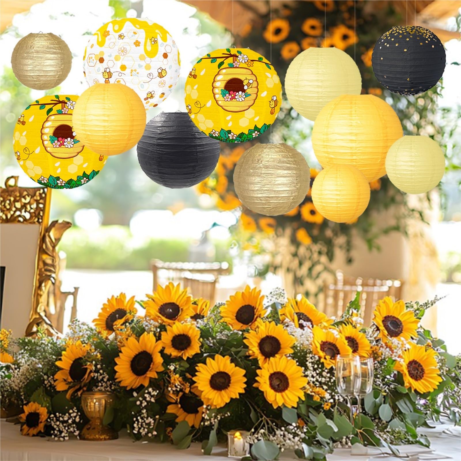 Wiosenna Latarnia Festiwalowa, 12 Szt. Papierowych Lampionów Wiszących Na Imprezę Z Motywem Pszczół Urodziny, Zewnątrz I Do Wewnątrz Przyjęcie