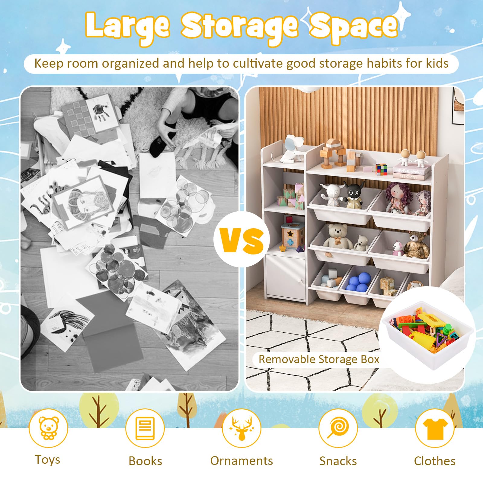 Costzon Organizer per giocattoli, libreria a 4 ripiani per bambini e giocattoli con 8 contenitori per giocattoli, grande armadio con porta, libreria multiuso per bambini per stanza dei giochi, asilo