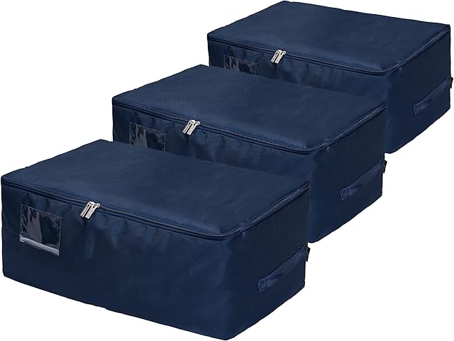 Amazon Brand Umi 105L Large Underbed Clothes Storage Bag with Sturdy Zipper, Foldable Storage Box with Reinforced Handle for Comforters, Duvets, Blankets, Bedding -3 Pack, XX-Large, Dark Blue