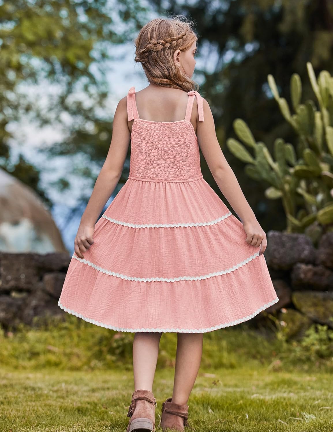 Arshiner Girls Summer Sleeveless Bow-Tie Straps Sundress Flowy Smocked Backless Tiered Lace Swing Midi Dress with Pockets - Image 3