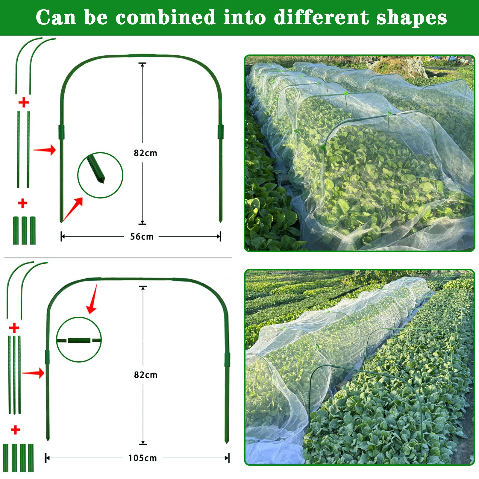 8 Packs 82x105cm Garden Hoops for Netting with 24 Clips,Rust-Free Detachable Stakes Grow Tunnel Hoop for Garden Netting Frame,Greenhouse Hoops Plant Support Frame for Tall Plants(有专利) - Image 3