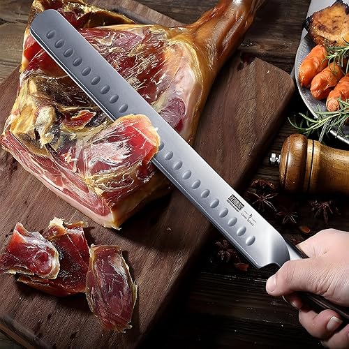 Miniatura 7 de HOSHANHO Cuchillo de trinchar de 12 pulgadas, cuchillo japonés de acero de alto carbono con mango ergonómico de madera de Pakkawood, cuchillos