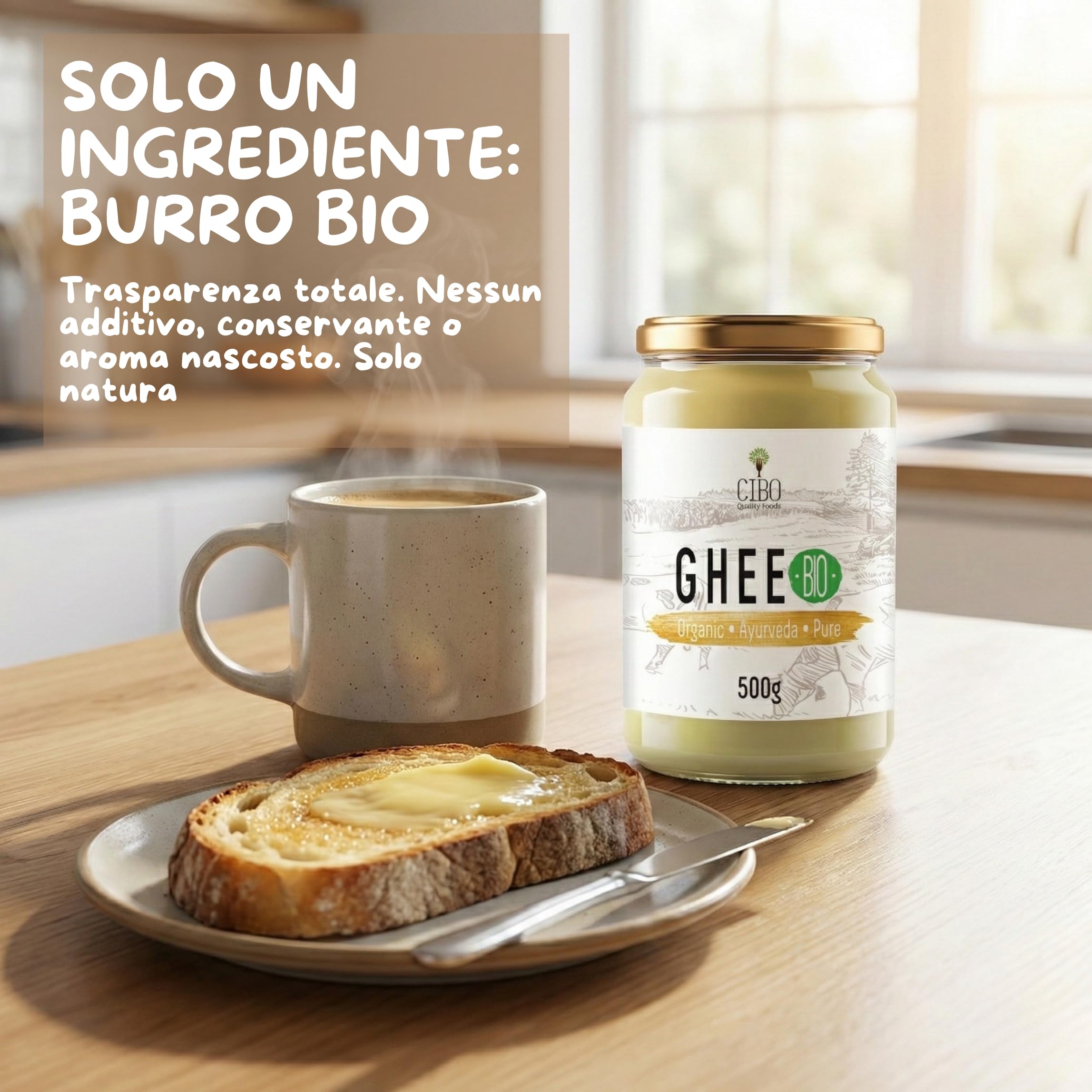 Cibo Burro Ghee Biologico 500gr - Latte di Parma e Reggio Emilia - Prodotto in Italia - Mucche al Pascolo - Punto di Fumo 250°C - Da Panna Centrifugata