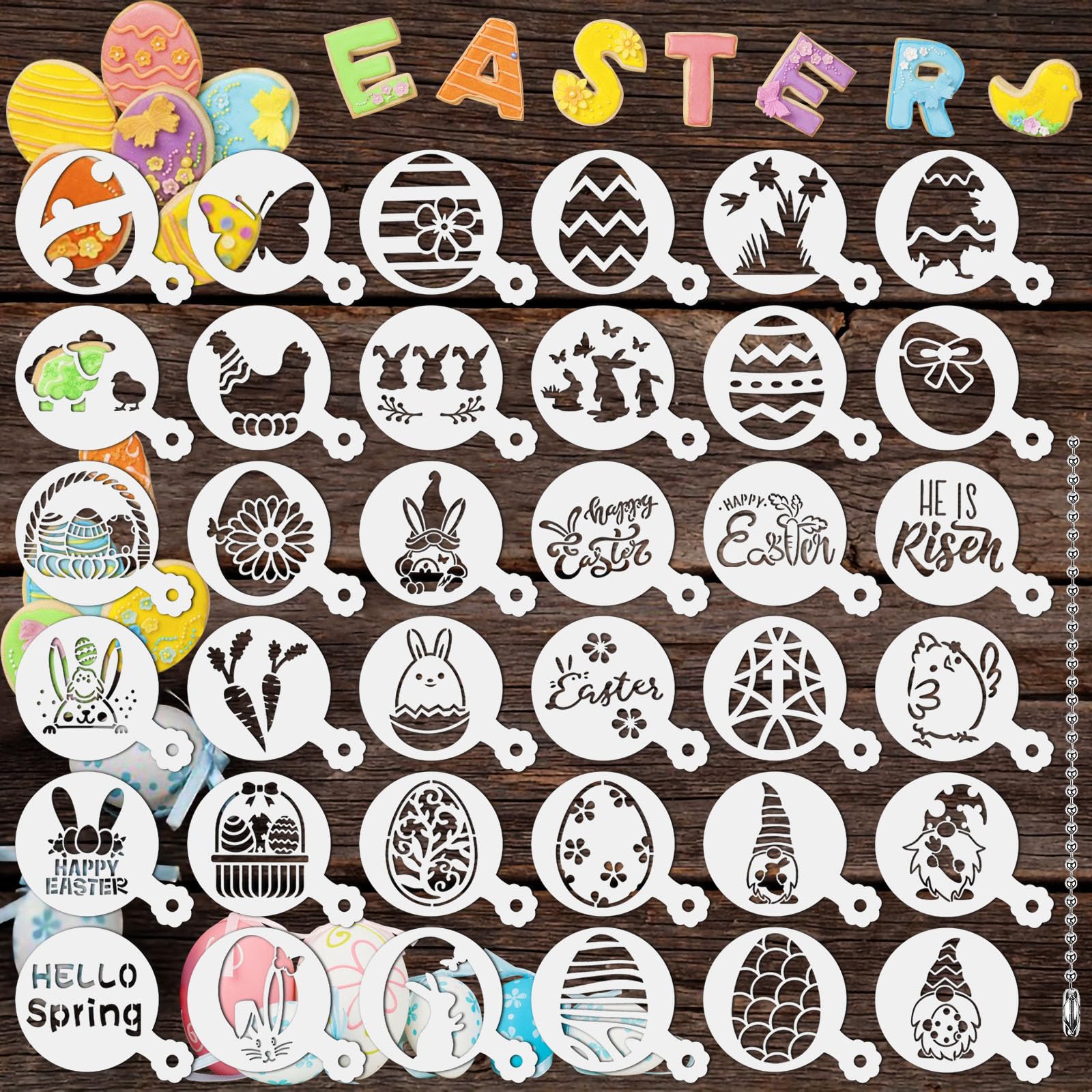 JULBEAR Easter Cookie Stencils, 36Pcs Reusable Eggs Bunny Cookie Coffee Stencils Templates Mold Tools for Cookies Baking Painting Dessert Coffee