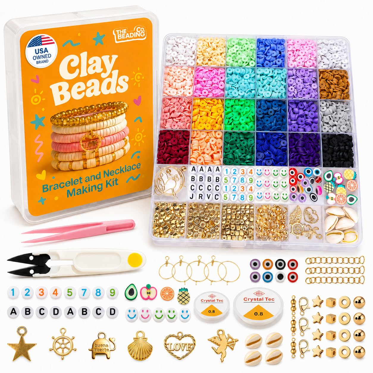 The Beading Co. Kit de fabricación de pulseras de más de 7500 cuentas de arcilla para niñas, cuentas heishi de 24 colores con cuentas de letras y dijes para pulseras de amistad y kit de fabricación de