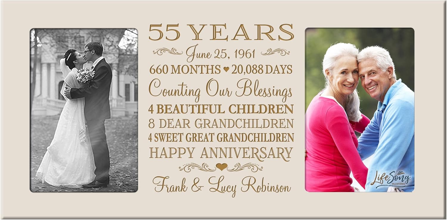 LifeSong Milestones Personalized 55 Year her him Couple Custom Engraved Wedding Celebration for Husband Wife Girlfriend Boyfriend Photo Frame Holds Two 4x6 Photos (Ivory)