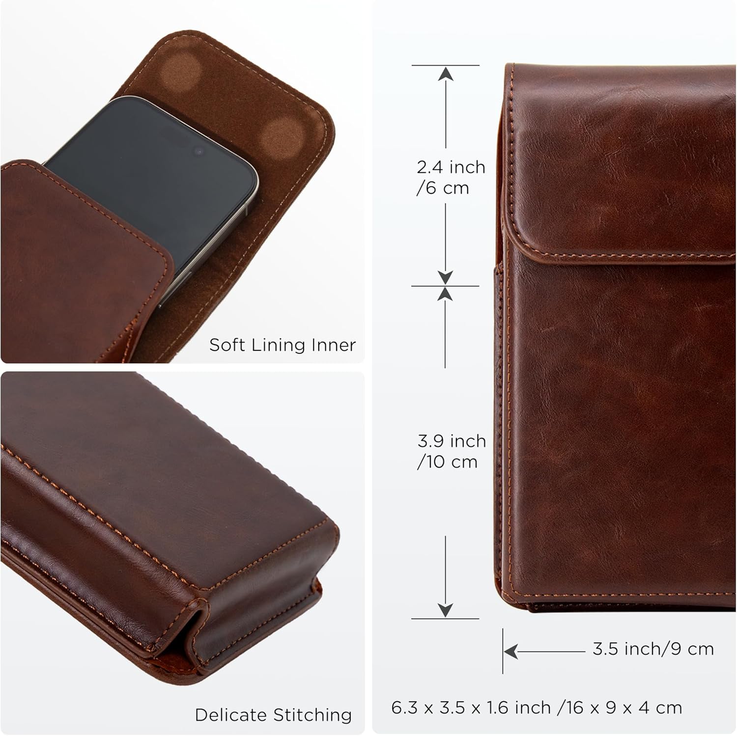 Holster for iPhone 17, 17 Pro, 16, 16 Pro, 15, 15 Pro, 14, 14 Pro, 13, 13 Pro, 12, Galaxy S25, S24, S23, Premium Leather Pouch with Belt Clip Phone Holster Belt Case, Coffee -M - Image 6