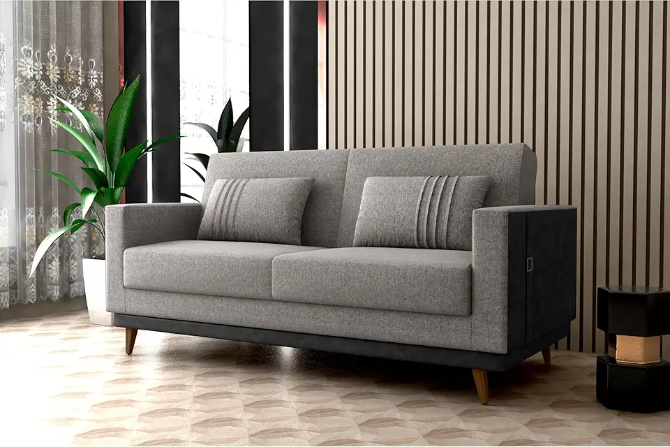 Sofa Cama Aconchegante Esther 3 Lugares Linho Cinza (Cinza/Cinza)