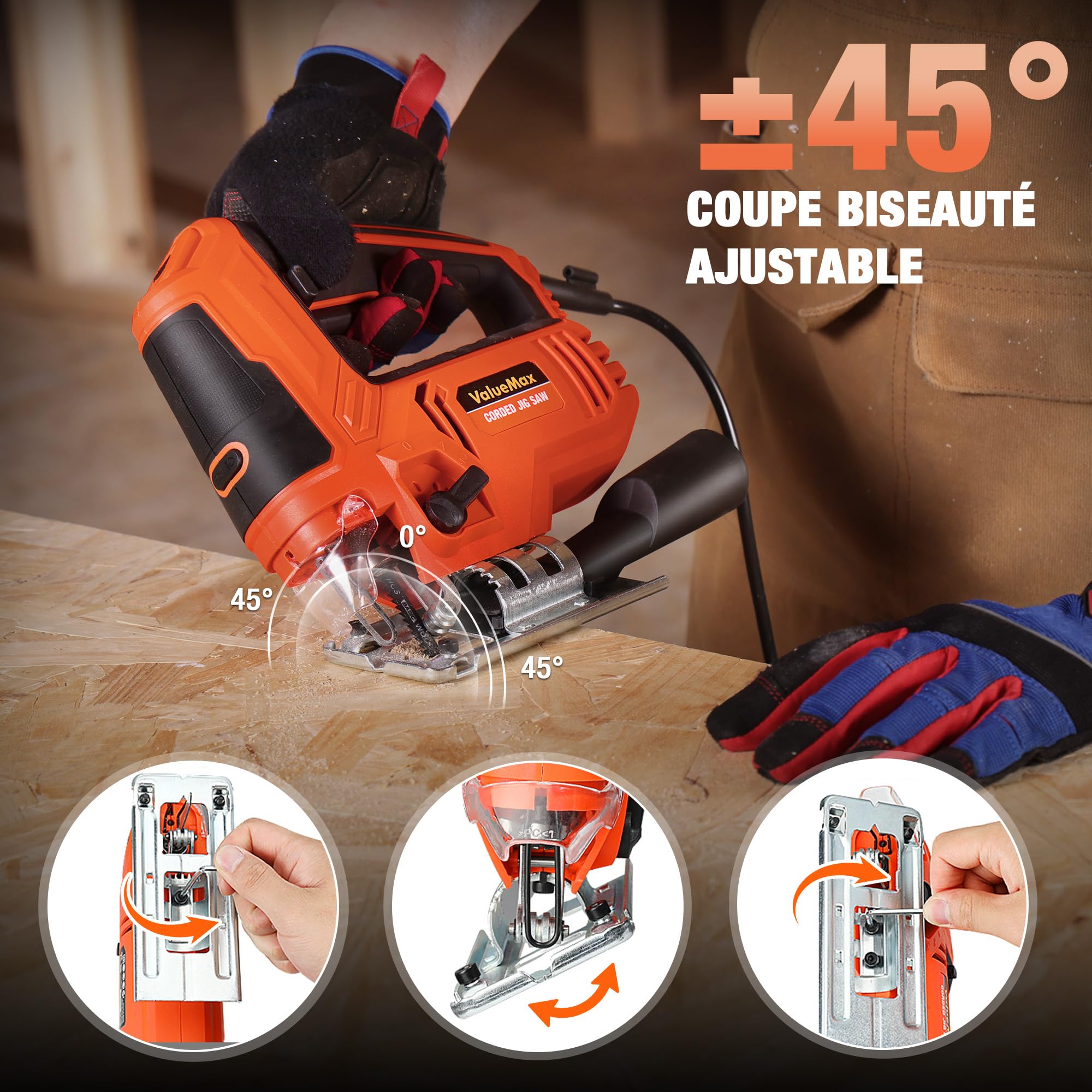 ValueMax 850W Scie Sauteuse, Vitesse réglable de 800 à 3000 SPM, 6 Vitesses, 4 Modes de Coupe, Coupe en Biseau à±45°, Fonction soufflerie, 6 Lames, Lampe LED, Idéale pour Bois, Métal et Plastique
