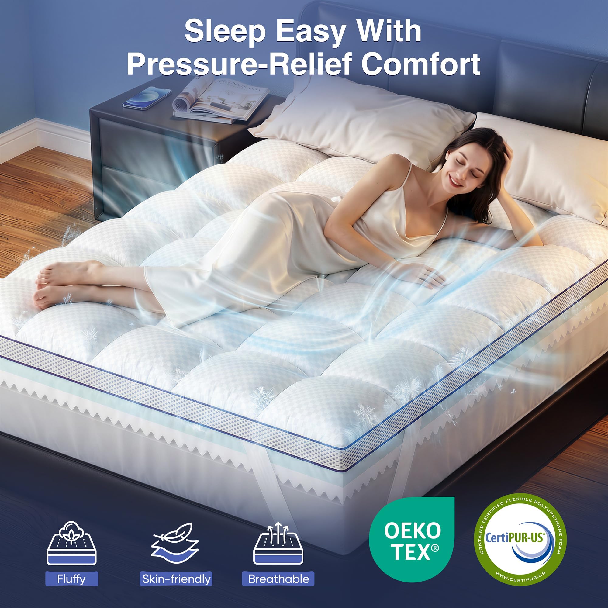 Simpledad Topper per materasso queen size, 3 in 1, in memory foam, per mal di schiena, soffice coprimaterasso da 5,1 cm e memory foam in gel a doppia durezza da 6,3 cm, con tasca profonda da 20,3