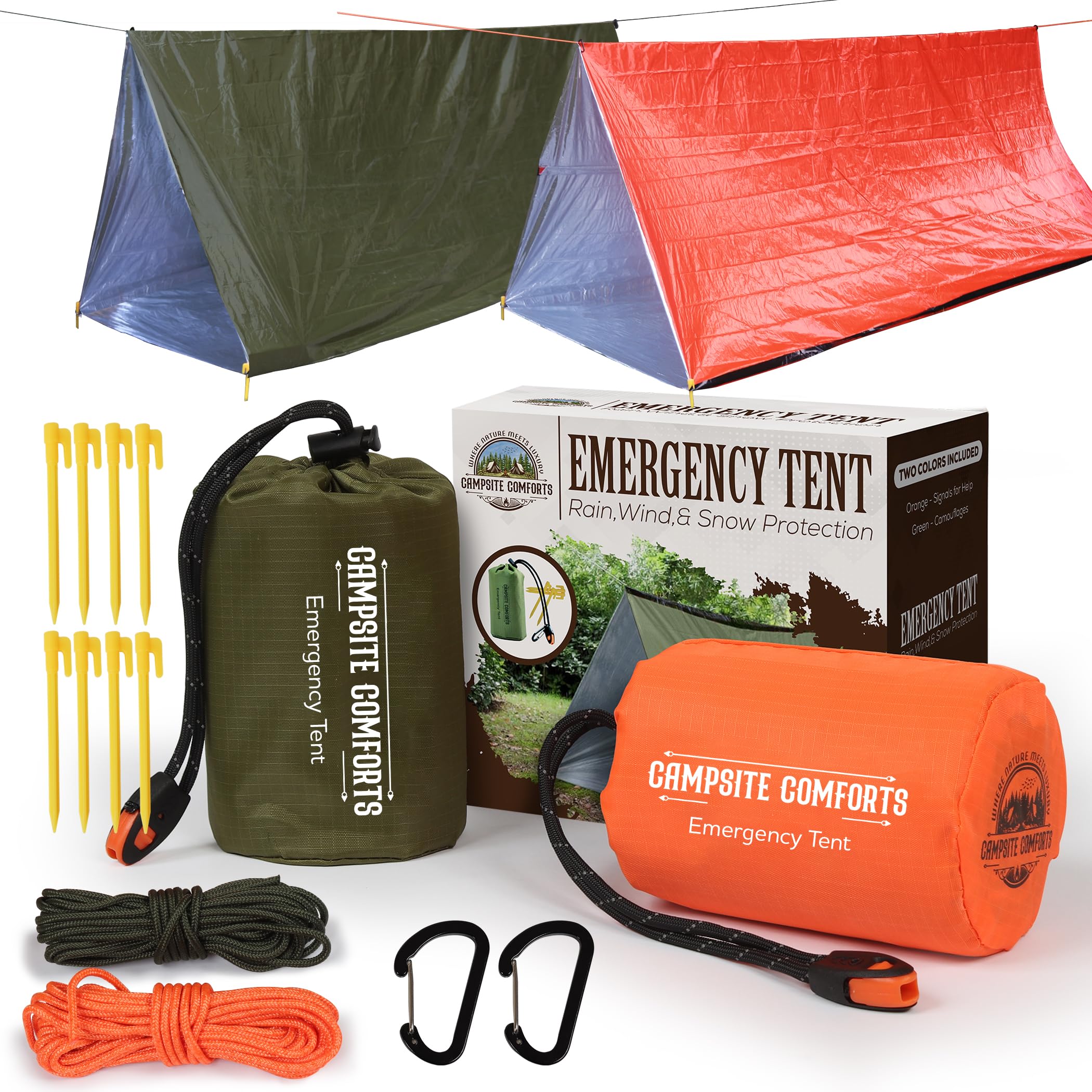 Emergency Tent with Stakes & Paracord - 2 Pack - 2-Person Mylar Shelter with Whistle & Carabiner - Wind & Waterproof Survival Tent - Emergency Shelter - Backpacking Gear