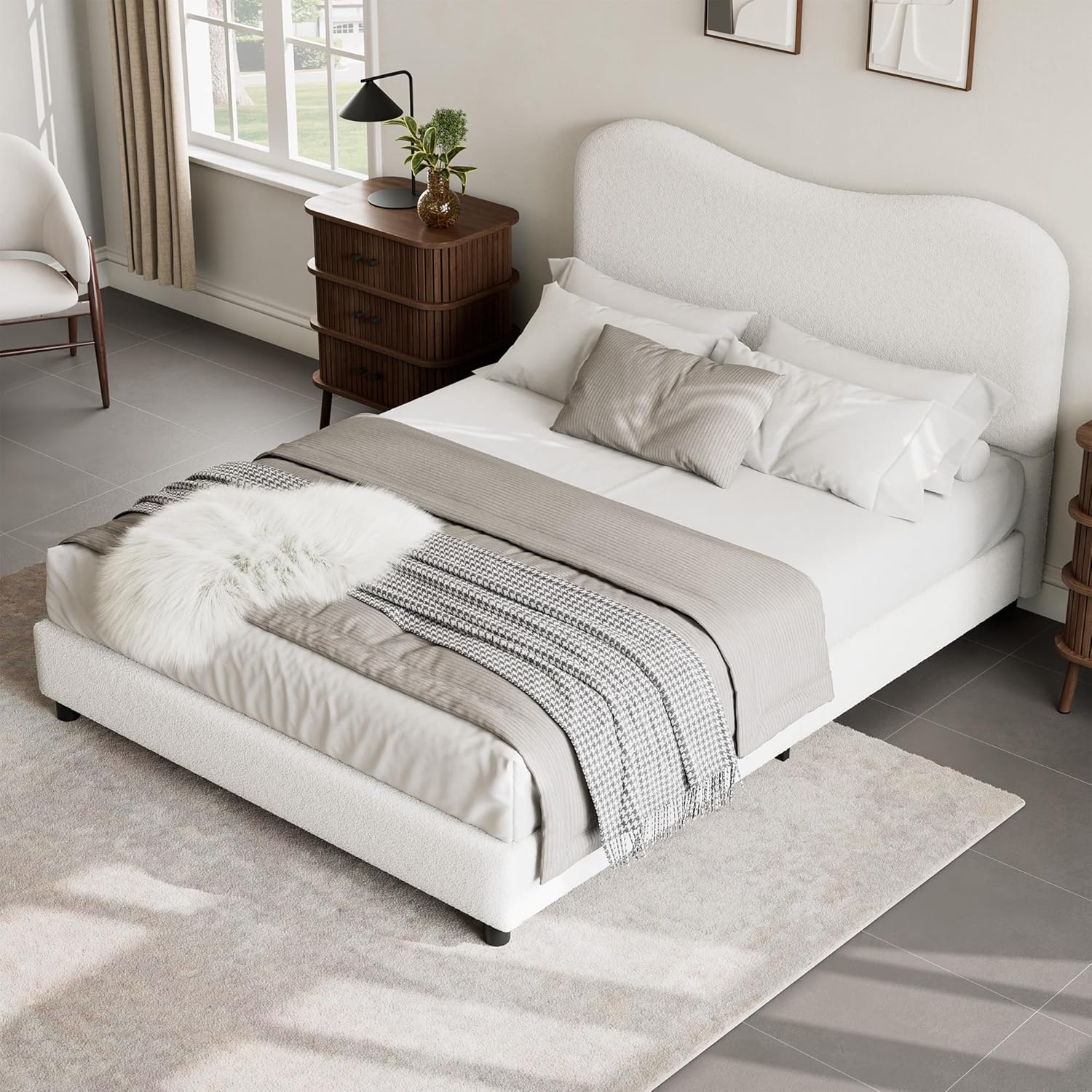 Senfot White Boucle Bed Frame with Upholstered Headboard, Soft Low Profile Sturdy Platform Bed with Rounded Corners Design, Heavy Duty, Wooden Slats, Noise Free, No Box Spring Needed, Queen Size