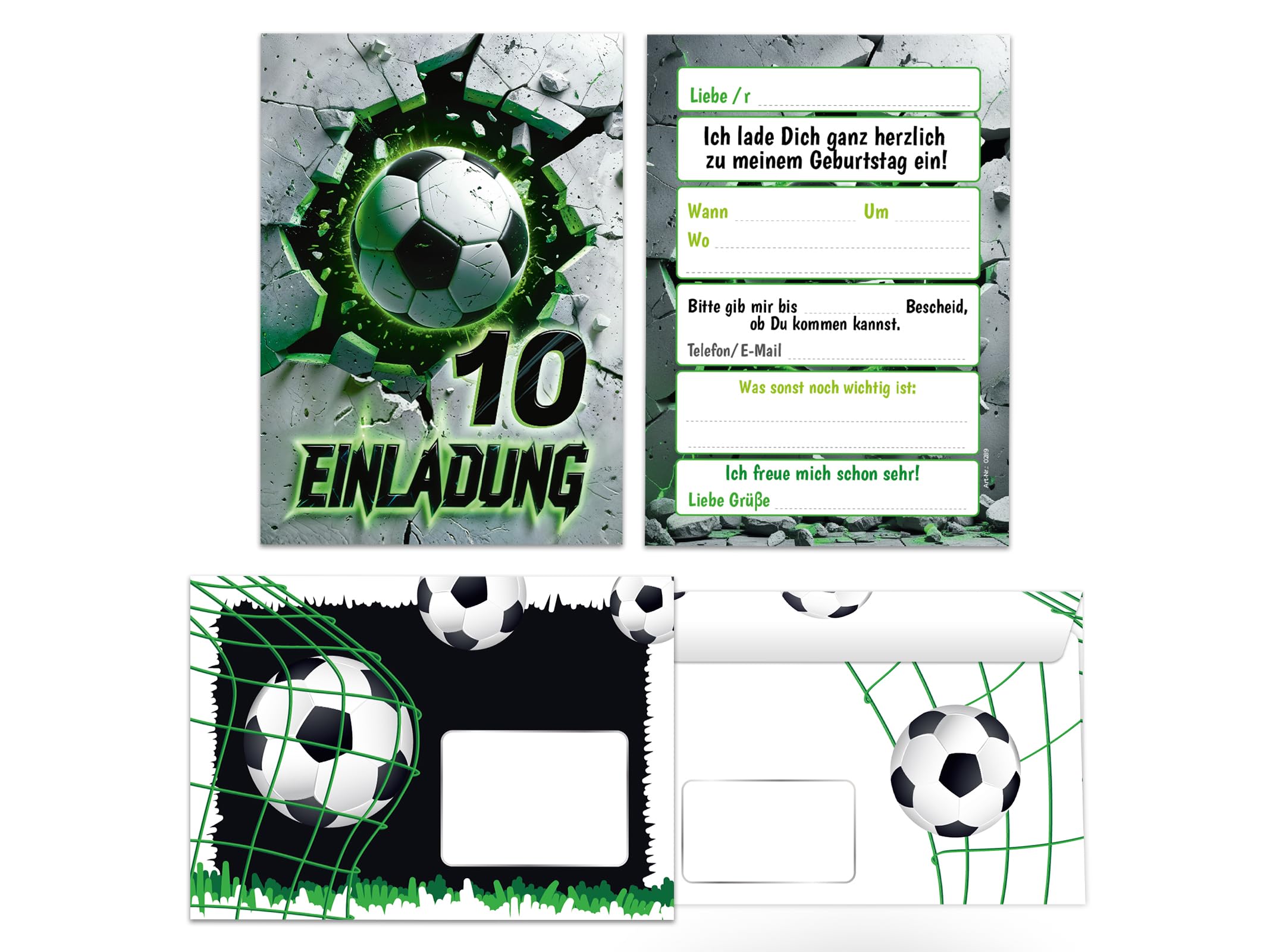 Junaversum 12 Einladungskarten inkl. 12 Umschläge zum 10. Kindergeburtstag Fußball Fussball Kinder Jungen coole bunte Einladungen zehnte Geburtstag Geburtstagseinladungen Kids