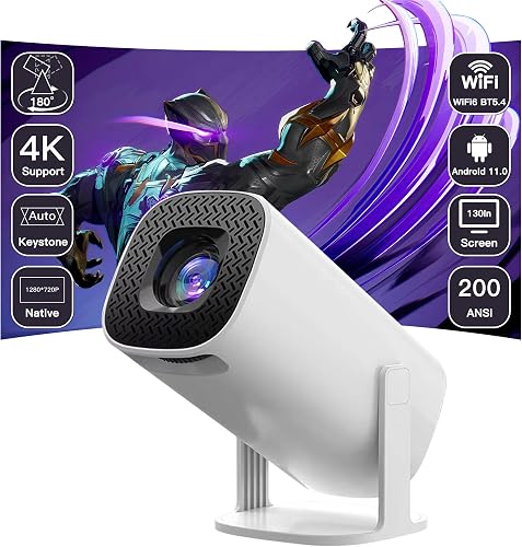 Mini Projector Native 1080P FHP & 4K Support, Smart Portable Projector WiFi6 BT 5.4 Android 11, Auto Horizontal Correction 180°Rotatable Outdoor Movie Projector Compatible with Phone