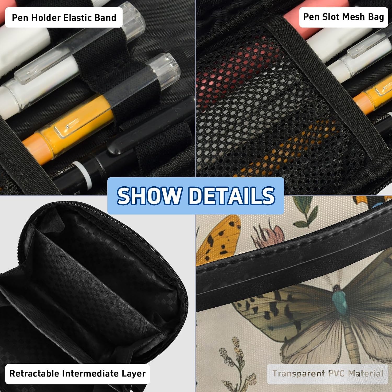 ALAZA Butterfly Pattern Large Capacity Pencil Case, Aesthetic Stationery Organizer Bag with Clear PVC Window, High Capacity Pen Pouch with Dividers for School Office Travel image 4
