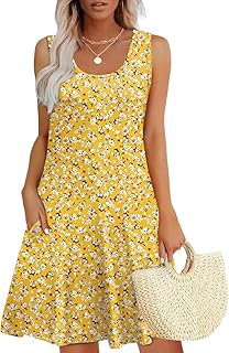 WEESO Womens Summer Dresses Loose U Neck Sleeveless Sundresses Dress with Pockets