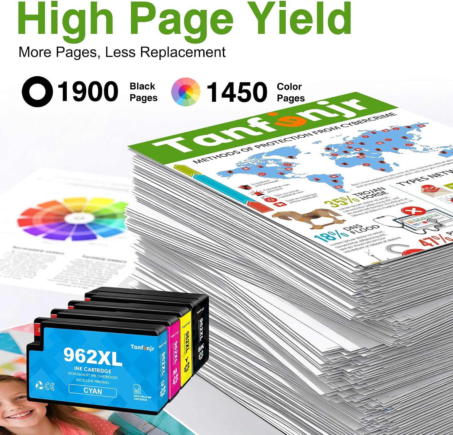 962XL Ink Cartridges Combo Pack Replacement for HP Ink 962 962XL Work for HP Officejet Pro 9015e 9010 9025e 9010e 9012 9015 9018 9020 Printers for HP 962XL Ink (4 Pack)
