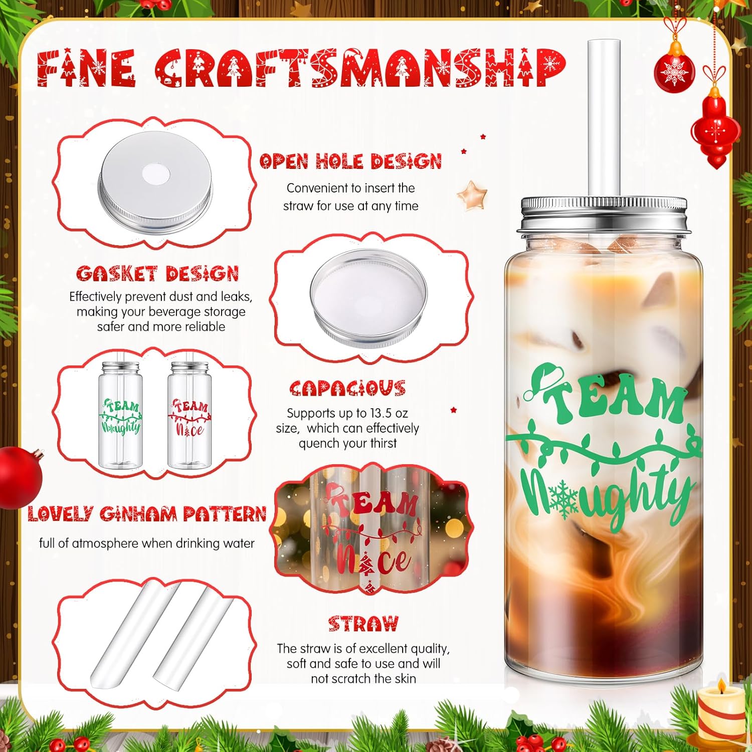 Vesici 24 Pack Christmas Party Plastic Cups with Lid and Straw 13.5 oz Team Naughty or Nice Clear Reusable Plastic Tumbler Christmas Printed Design for Party Birthday Supplies - Image 6
