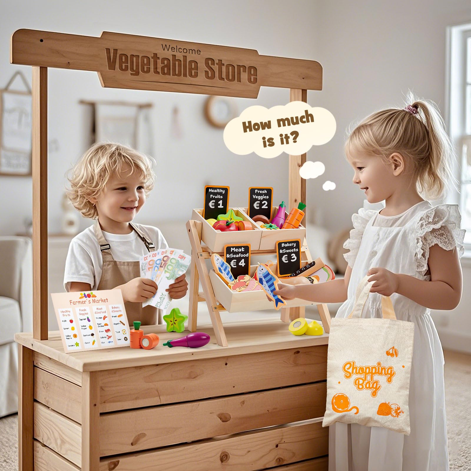 Atoylink Kinderküche Zubehör Holz Spielküche Zubehör mit Kaufmannsladen Zubehör Küchenzubehör Kinder Holz Lebensmittel Rollenspiel Holzspielzeug Kaufladen Kinder Geschenk für Mädchen Junge 3 Jahre