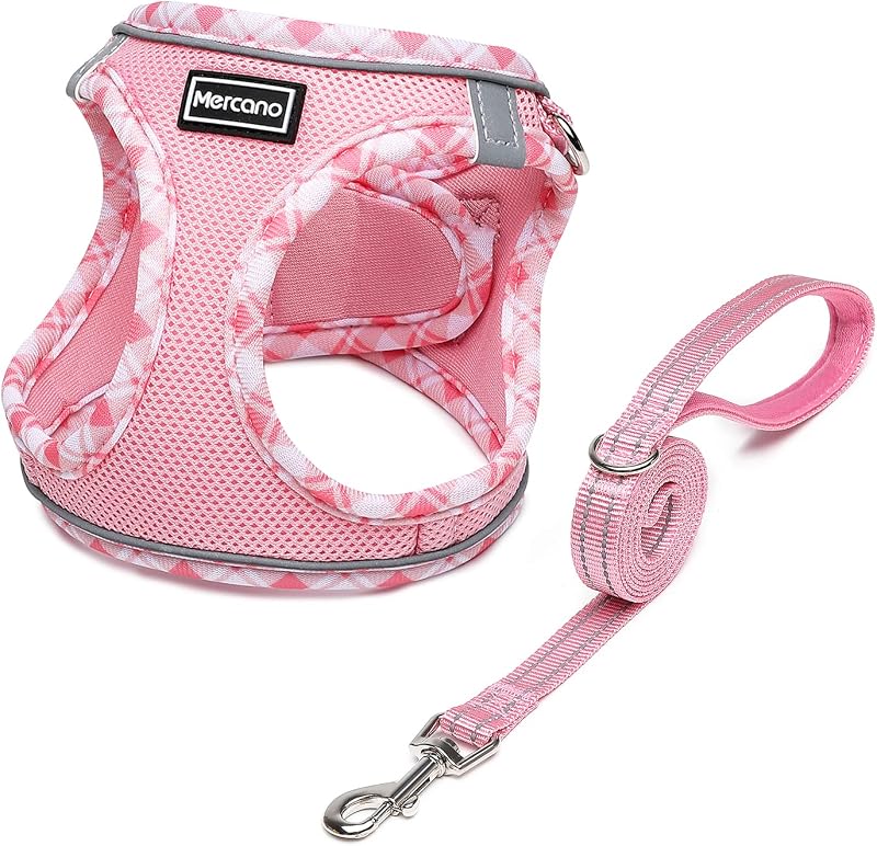 Mercano Soft Mesh Dog Harness and Leash Set, Step-in Reflective Breathable Lightweight Vest Harnesses with Safety Buckle for Small Dogs, Cats (Pink, M)