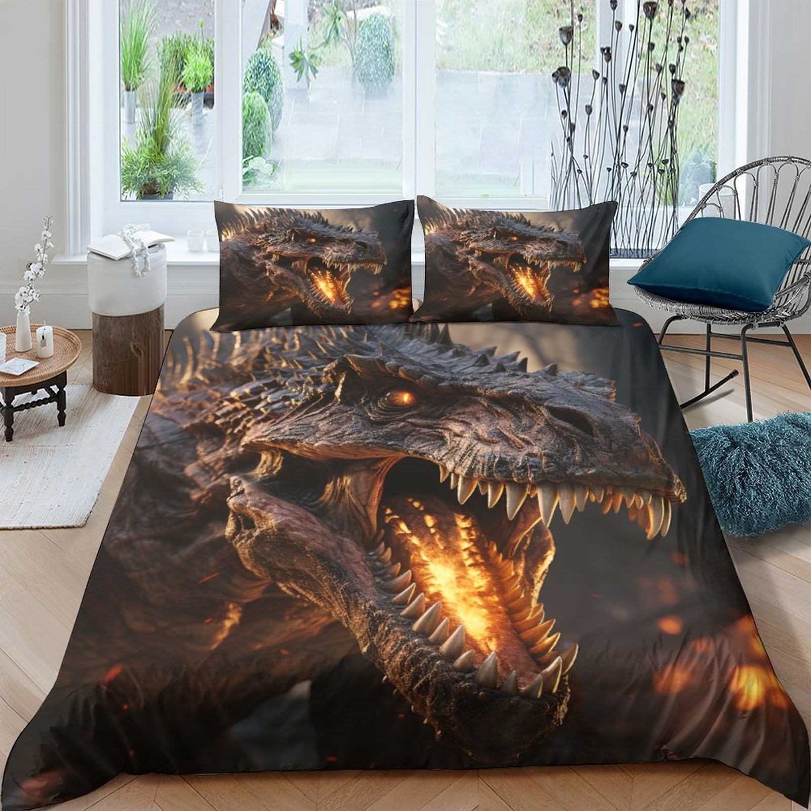 Parure 3 pièces dinosaure IOFEER avec housse de couette king 220x240cm en microfbre