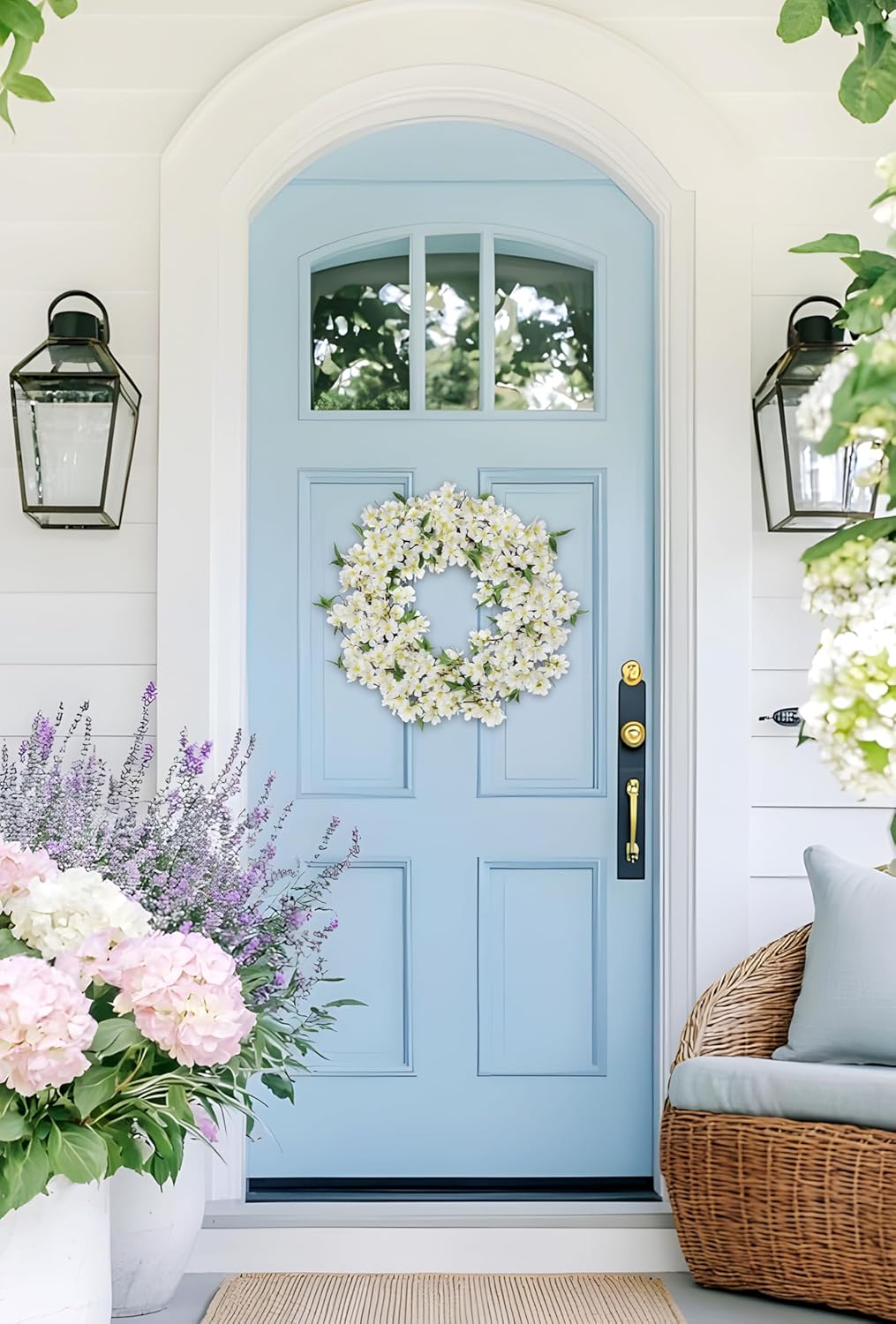 Spring Summer Wreaths for Front Door, 20 Inch Cherry Blossom Wreaths for Spring Summer Decor, White Wreaths for Front Door, Window, Home, Wall, Porch, Farmhouse Decor, Spring Artificial Flower Wreaths